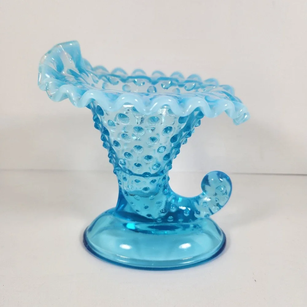 Fenton Blue Opalescent Hobnail Cornucopia Candle Holder Ruffled Rim Vase